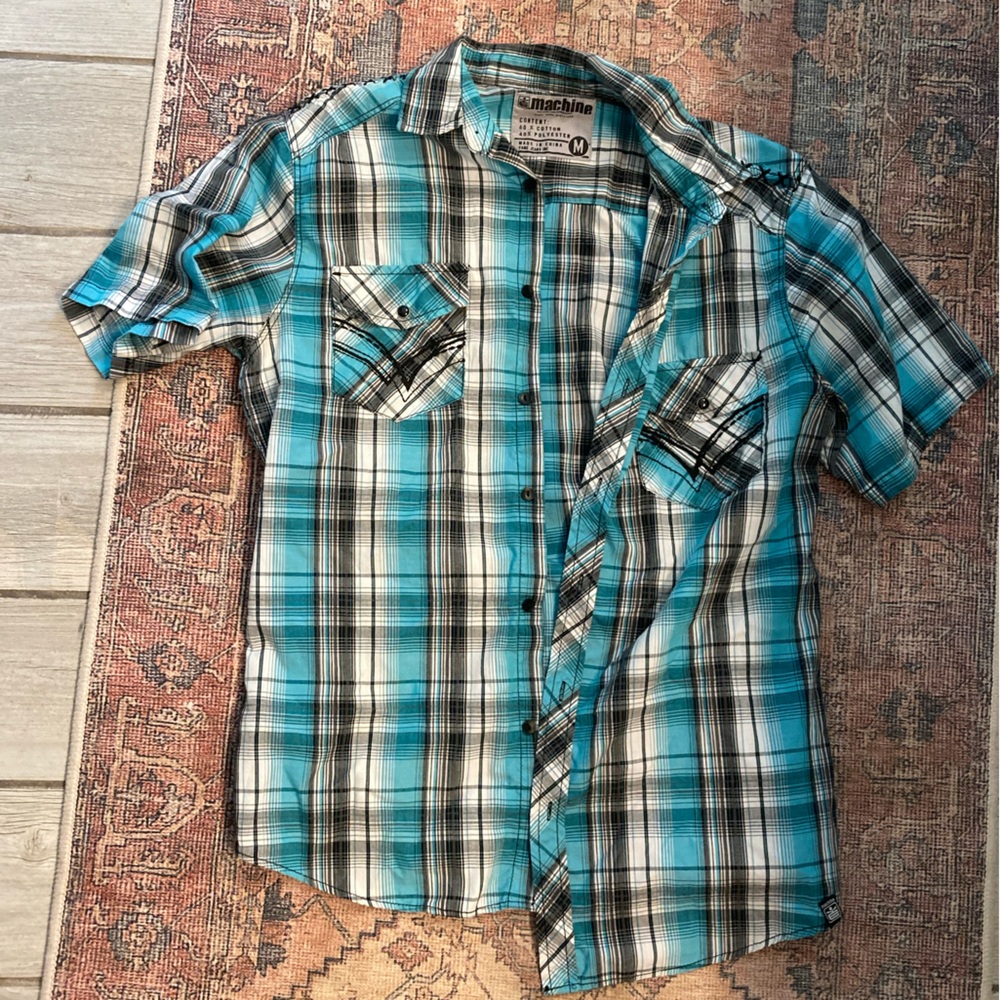 Mens Buckle Machine Shirt Medium. Blue plaid with black stitching